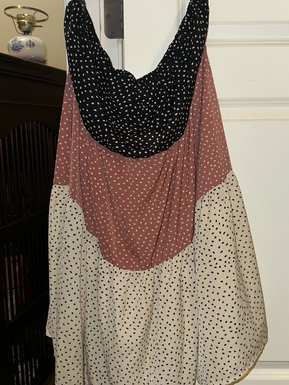 Polka Dot Tiered Sleeveless Women’s dress. Black, Dusty Rose & Cream